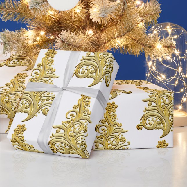 Papier Cadeau Arbre de Noël Elégant Grand Filigree Or (Vacances)