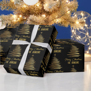 Papier Cadeau Arbre de Noël élégant noir et or avec nom