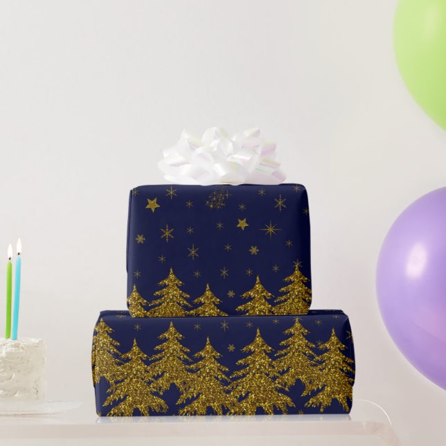 Papier Cadeau Arbre de Noël en or brillant, étoiles, neige sur b (Cadeaux de fête)