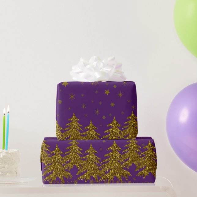 Papier Cadeau Arbre de Noël en or brillant, étoiles, neige sur v (Cadeaux de fête)