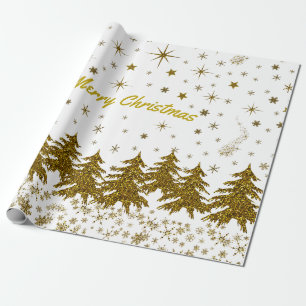 Papier Cadeau Arbre de Noël en or étincelant, étoiles, neige