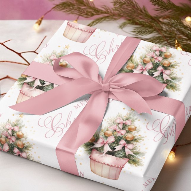 Papier Cadeau Arbre de Noël en or rose Ornements et vaches (Créateur téléchargé)