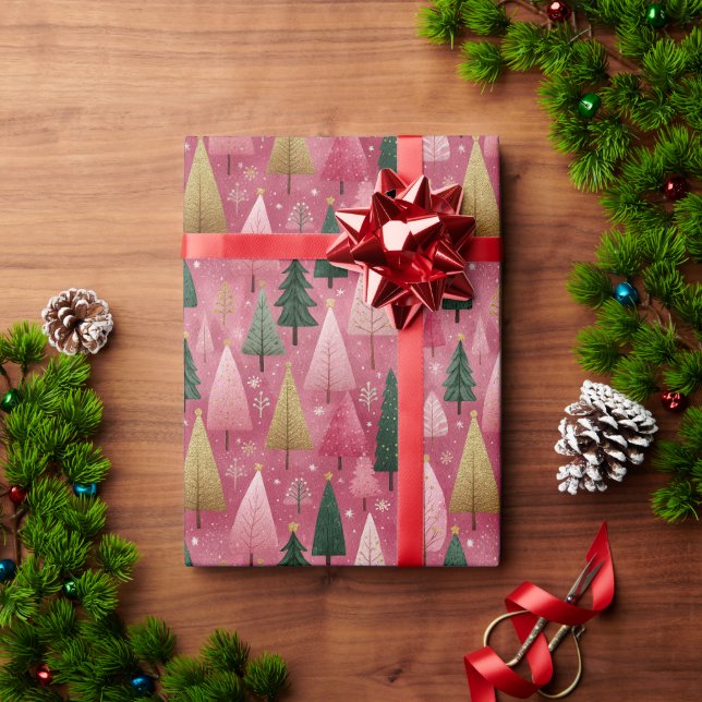 Papier Cadeau Arbre de Noël enneigé blanc et or (Cadeau de vacances)