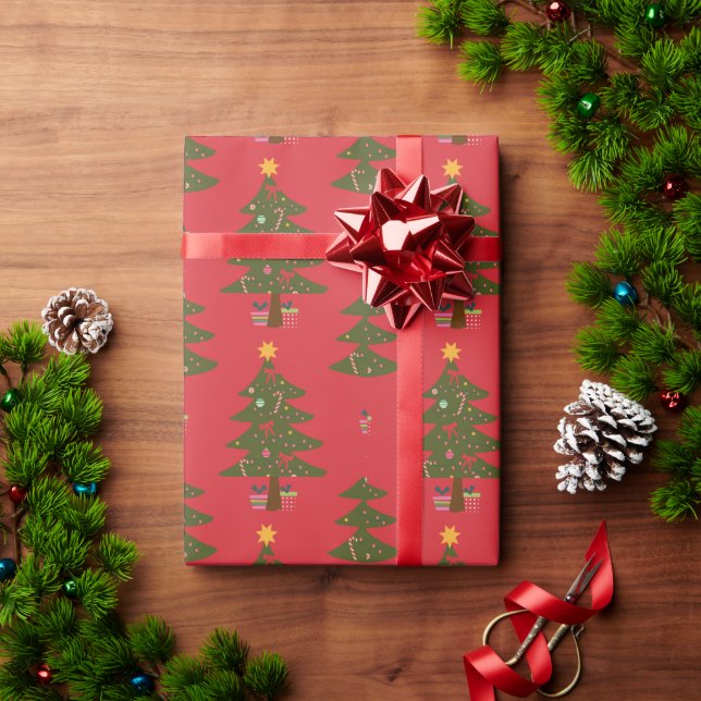 Papier Cadeau Arbre de Noël et étoile avec Arrière - plan rouge (Cadeau de vacances)