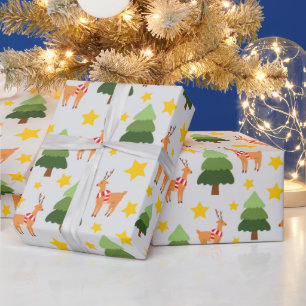 Papier Cadeau Arbre de Noël et étoiles des rennes de la forêt fe