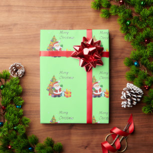 Papier Cadeau Arbre de Noël et Père Noël Joyeux vert de Noël