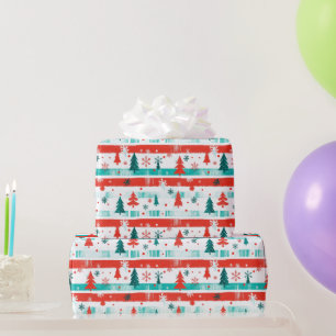 Papier Cadeau Arbre de Noël et rayures rouges vertes