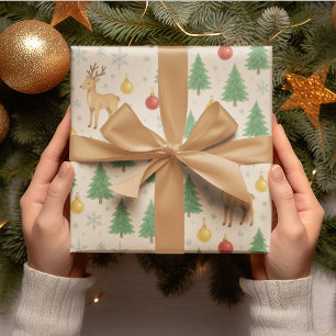 Papier Cadeau Arbre de Noël et rennes aquarelles -