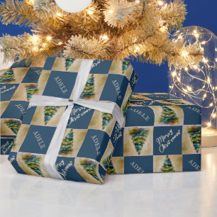Papier Cadeau Arbre de Noël festif aquarelle bleue de fêtes