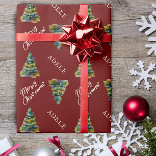 Papier Cadeau Arbre de Noël Festif Aquarelle Rouge Fêtes
