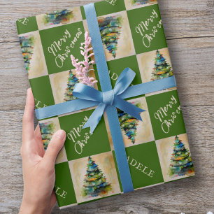 Papier Cadeau Arbre de Noël festif aquarelle verte vacances
