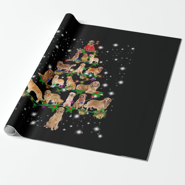 Papier Cadeau Arbre de Noël Golden Retriever Couvert Par Flash (Déroulé)