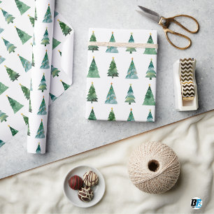 Papier Cadeau Arbre de Noël hivernal festif aquarelle vert blanc