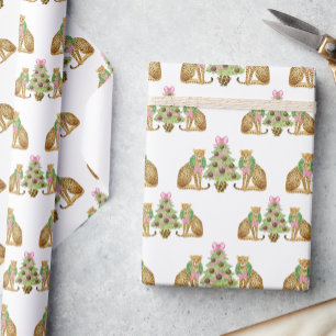 Papier Cadeau Arbre de Noël léopard Preppy aquarelle