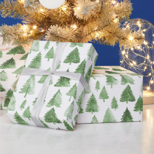 Papier Cadeau Arbre de Noël moderne aquarelle ambiance pin vert