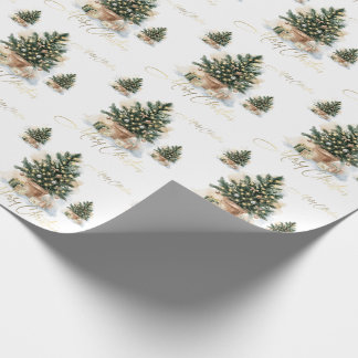 Papier Cadeau Arbre de Noël Moderne Élégant Or et Aquarelle