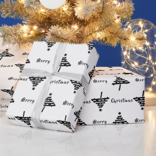 Papier Cadeau Arbre de Noël Moderne Festif Noir Blanc Fêtes