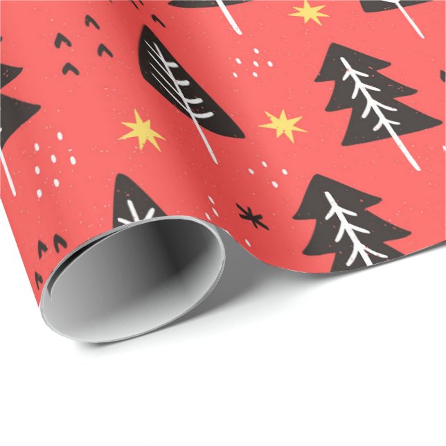Papier Cadeau Arbre de Noël moderne Motif couleur rouge orange (Coin rond)
