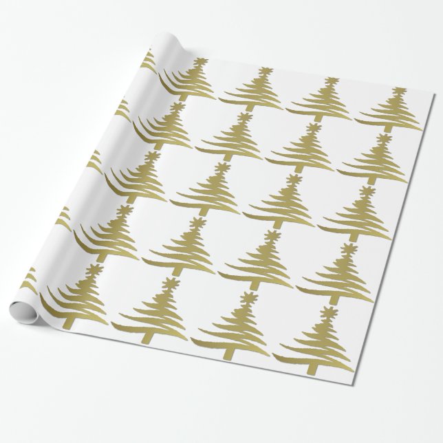 Papier Cadeau Arbre de Noël Moderne Pochoir Impression Or (Déroulé)