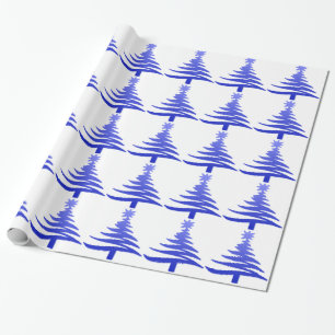 Papier Cadeau Arbre de Noël Moderne Pochoir Imprimé Bleu