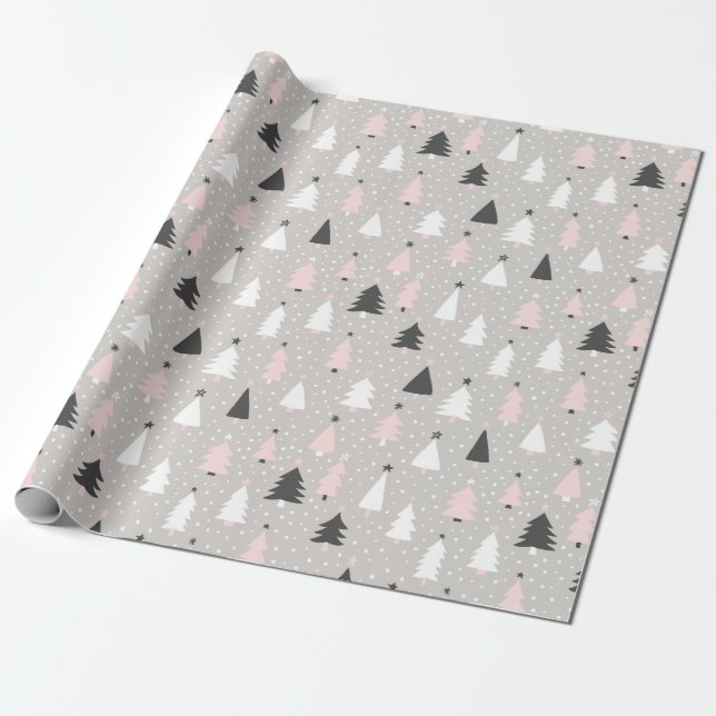 Papier Cadeau Arbre de Noël moderne rose gris noir (Déroulé)