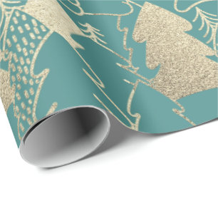 Papier Cadeau Arbre de Noël Monnaie Turquoise Or Parties scintil