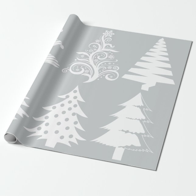 Papier Cadeau Arbre de Noël motif argent blanc (Déroulé)