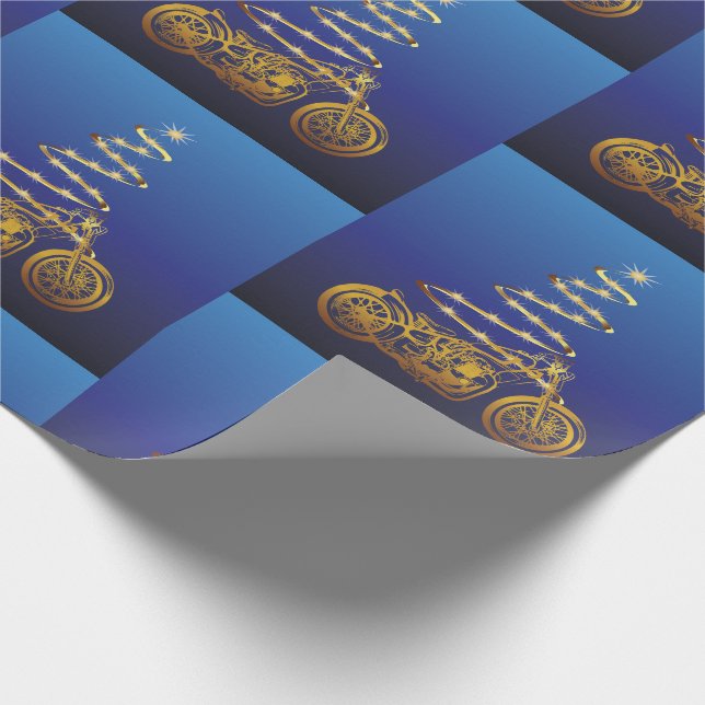 Papier Cadeau arbre de Noël moto or et bleu (Coin)
