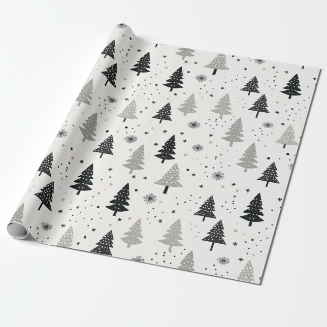 Papier Cadeau Arbre de Noël noir, blanc et gris Motif (Déroulé)