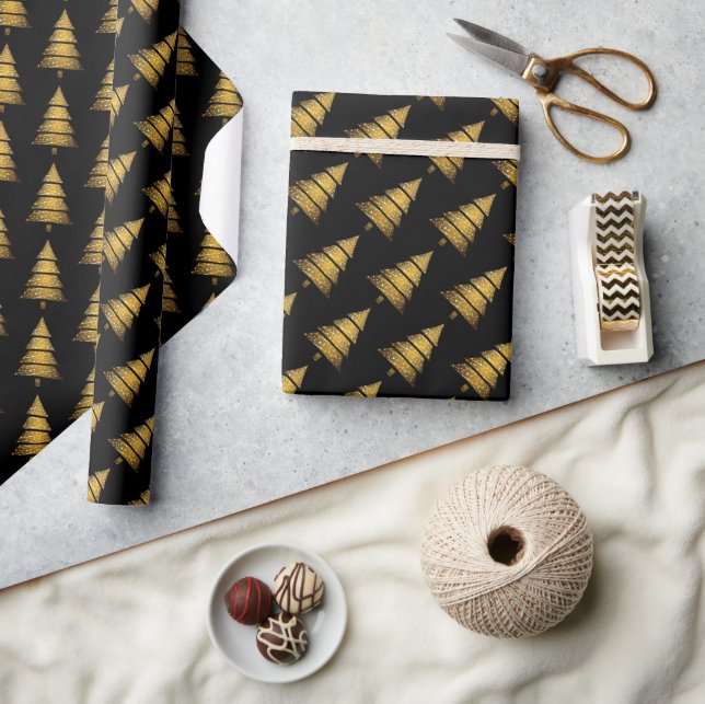 Papier Cadeau Arbre de Noël noir doré moderne  (Artisanat)