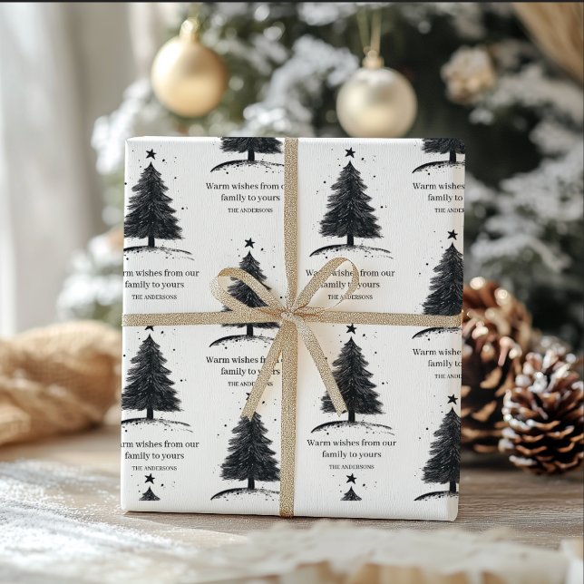 Papier Cadeau Arbre de Noël noir et blanc | Joyeuses fêtes (Créateur téléchargé)