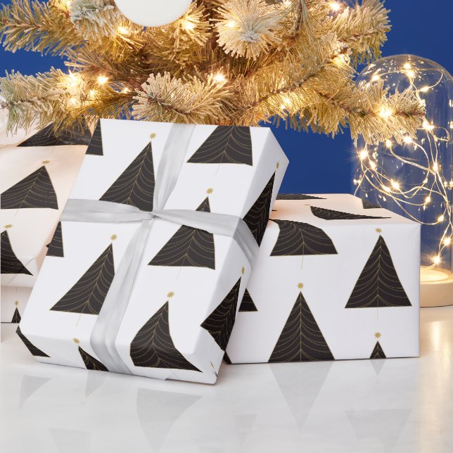 Papier Cadeau Arbre de Noël Noir, Or "Chaîne des Lumières" (Vacances)