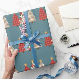 Papier Cadeau Arbre de Noël Patchwork Vintage Écarlate Fêtes