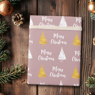 Papier Cadeau Arbre de Noël personnalisé Dusty Rose Blanc Doré