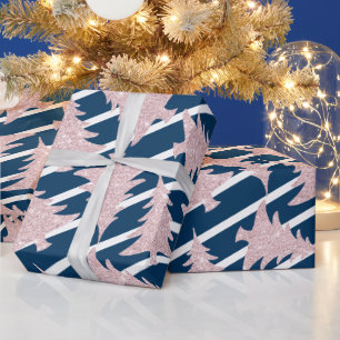 Papier Cadeau Arbre de Noël Rose doré bleu moderne