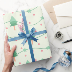 Papier Cadeau Arbre de Noël rose et vert Polka