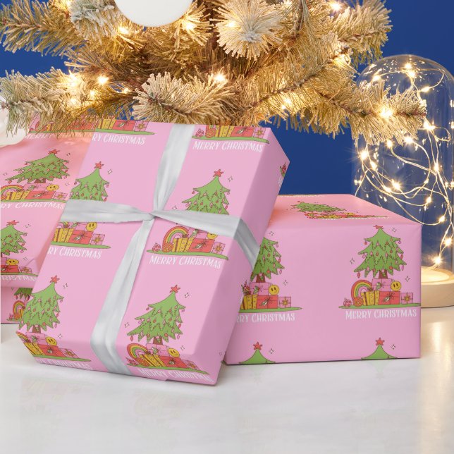 Papier Cadeau Arbre de Noël rose rétro (Vacances)