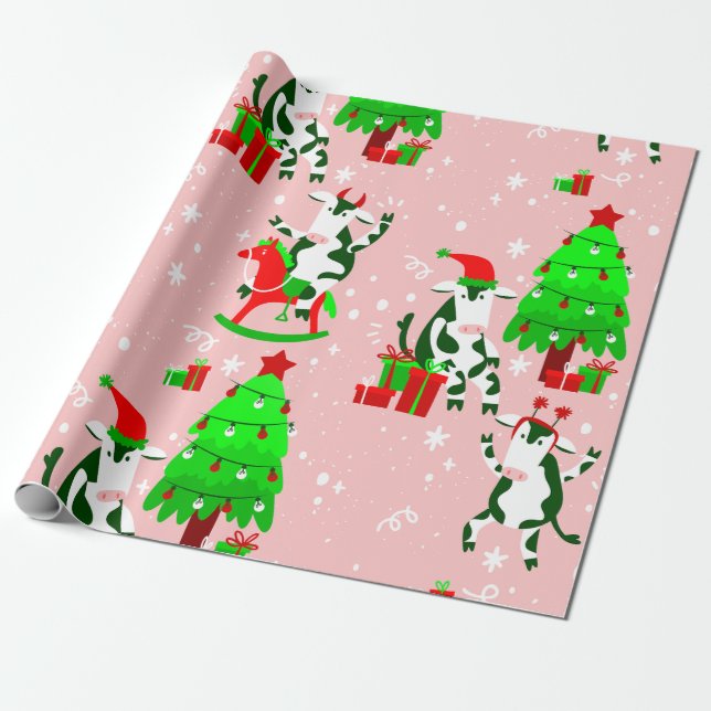 Papier Cadeau arbre de Noël rose vache père Noël (Déroulé)
