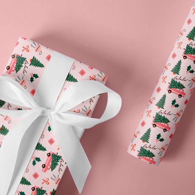 Papier Cadeau Arbre de Noël rose Vintage Retro Van (Festive Christmas Tree Pink Vintage Retro Van Wrapping Paper)
