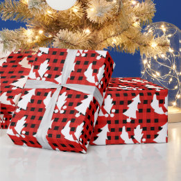 Papier Cadeau Arbre de Noël Rouge Plaid Holly Feuille Yule