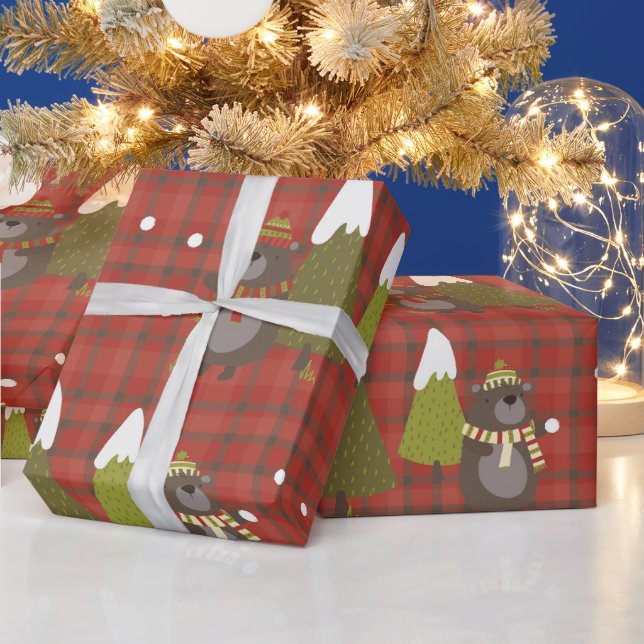 Papier Cadeau Arbre de Noël rouge rustique et cadeau d'ours (Vacances)