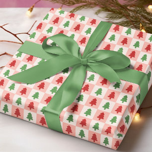 Papier Cadeau Arbre de Noël Rouge Vert Moderne Motif à Carreaux