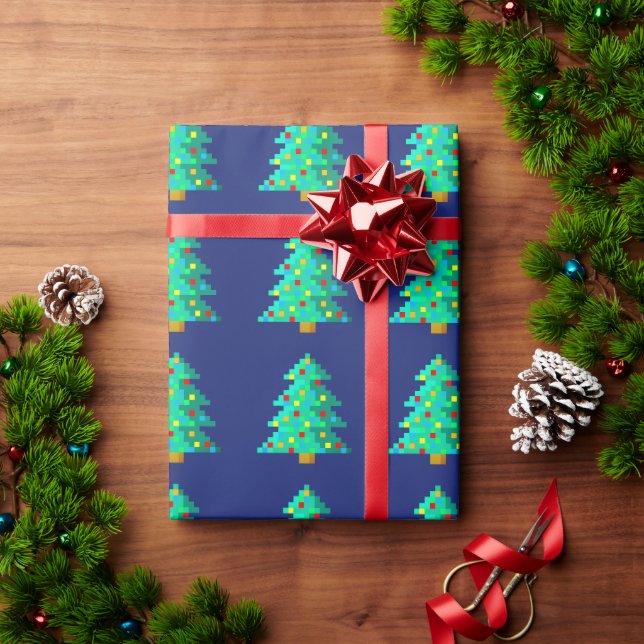 Papier Cadeau Arbre de Noël vert 8 bits avec arrière - plan bleu (Cadeau de vacances)