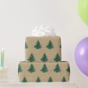 Papier Cadeau Arbre de Noël vert pin aquarelle Kraft