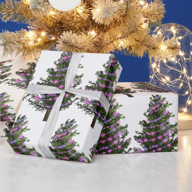 Papier Cadeau Arbre De Noël Vert Pin Avec Lumières Violettes (Vacances)