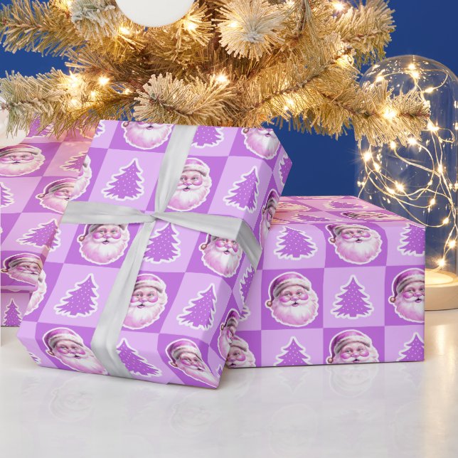 Papier Cadeau Arbre de Noël violet rétro Santa Claus Plaid (Vacances)