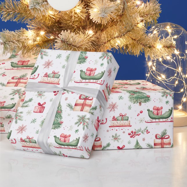 Papier Cadeau Arbre de traîneau à l'aquarelle de Noël houx (Vacances)