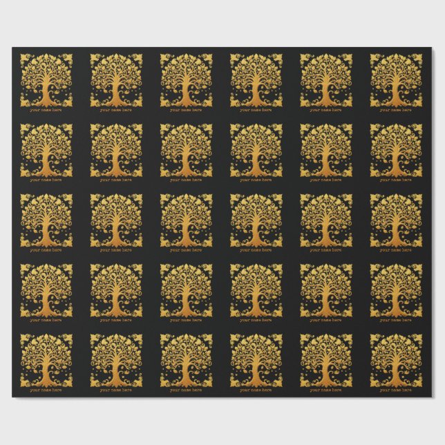 Papier Cadeau Arbre de Vie Doré Luxueux (Plat)
