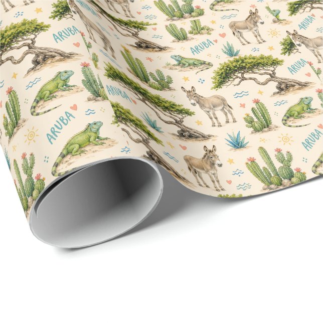 Papier Cadeau Arbre divi d'Aruba, âne, iguane, cactus (Coin rond)