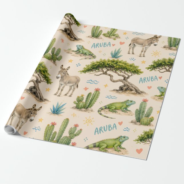 Papier Cadeau Arbre divi d'Aruba, âne, iguane, cactus (Déroulé)